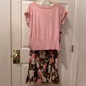 Plus XL 2Pc Set Pink Brown Linen Floral Tulip Flared Skirt